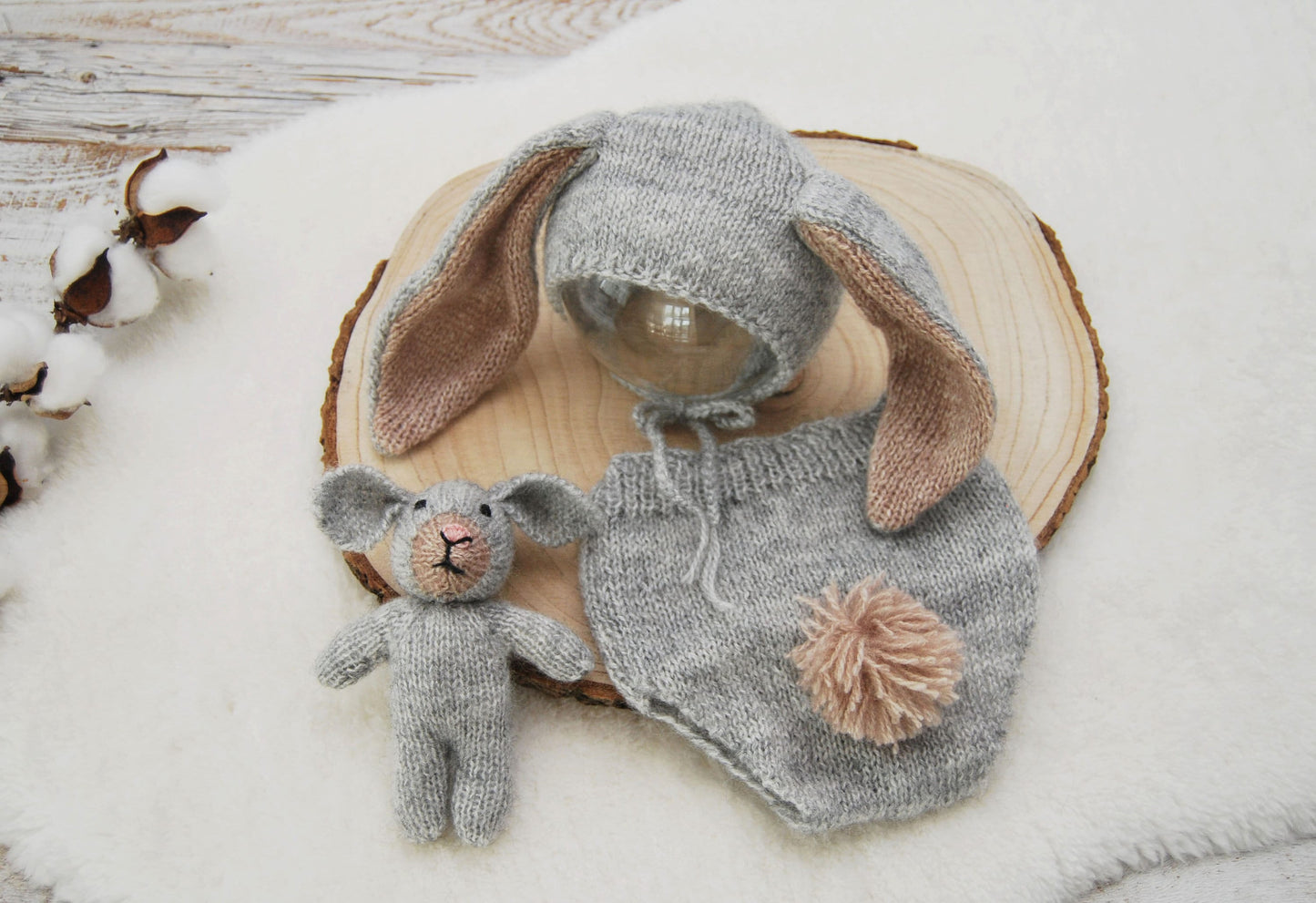 3 Pieces Photography SET: Bunny Toy, Newborn Bonnet, Newborn Panties; Newborn Photo Props, Knitted Bunny Outfit for Newborn