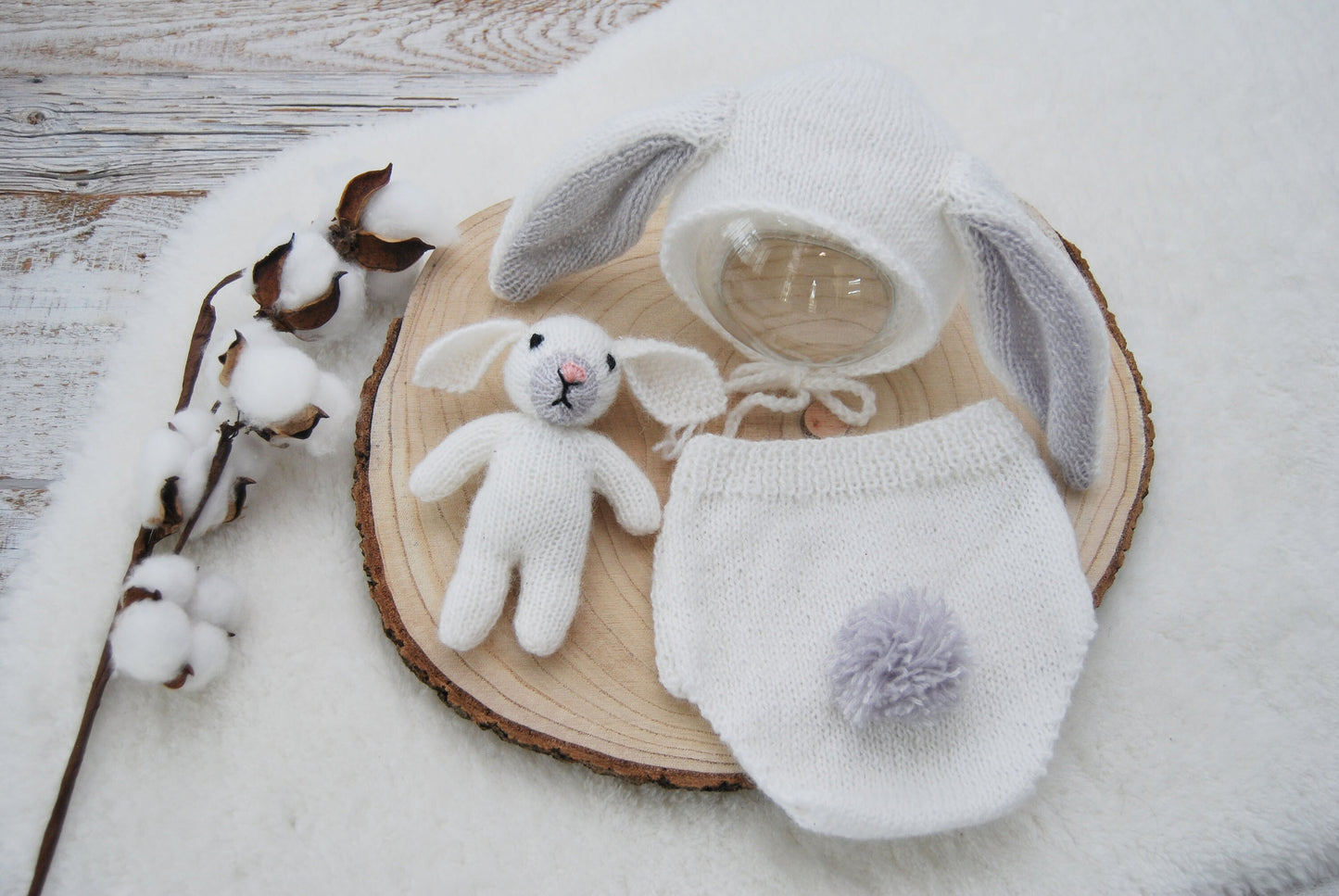 3 Pieces Photography SET: Bunny Toy, Newborn Bonnet, Newborn Panties; Newborn Photo Props, Knitted Bunny Outfit for Newborn