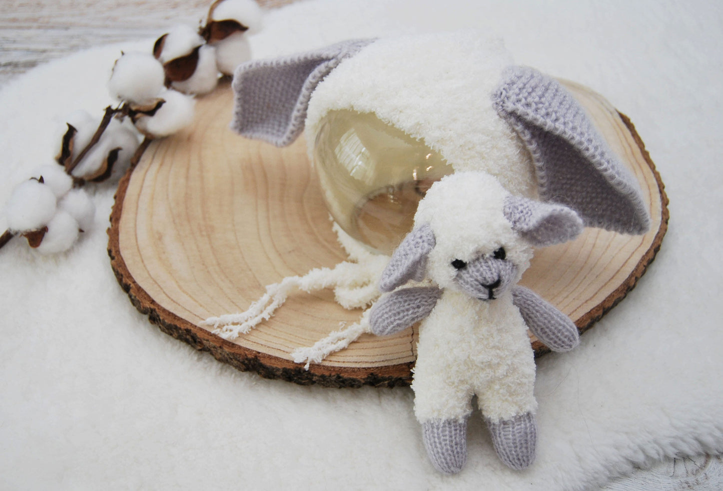 Photography SET: Cuddle Toy and Newborn Bonnet - SHEEP, Newborn Photo Props, Little Knitted Toy, Baby Bonnet with Ears, Photography Prop