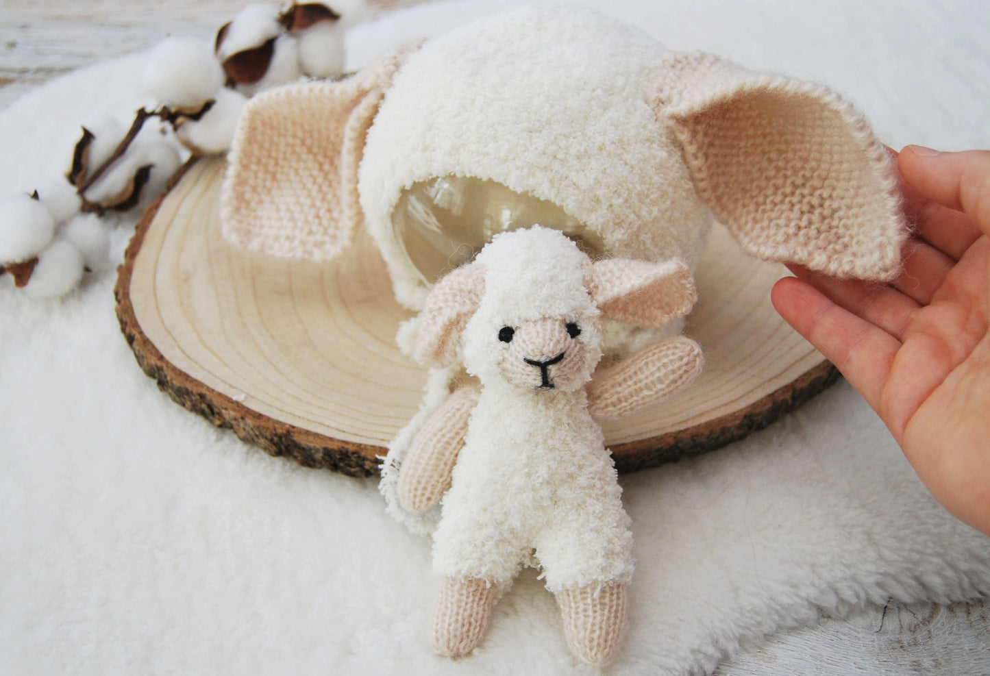 Photography SET: Cuddle Toy and Newborn Bonnet - SHEEP, Newborn Photo Props, Little Knitted Toy, Baby Bonnet with Ears, Photography Prop