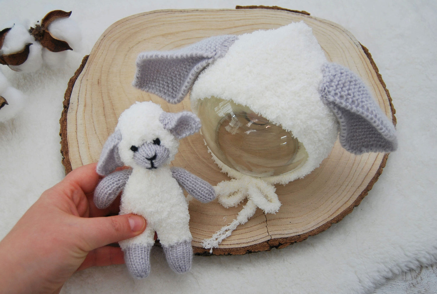 Photography SET: Cuddle Toy and Newborn Bonnet - SHEEP, Newborn Photo Props, Little Knitted Toy, Baby Bonnet with Ears, Photography Prop