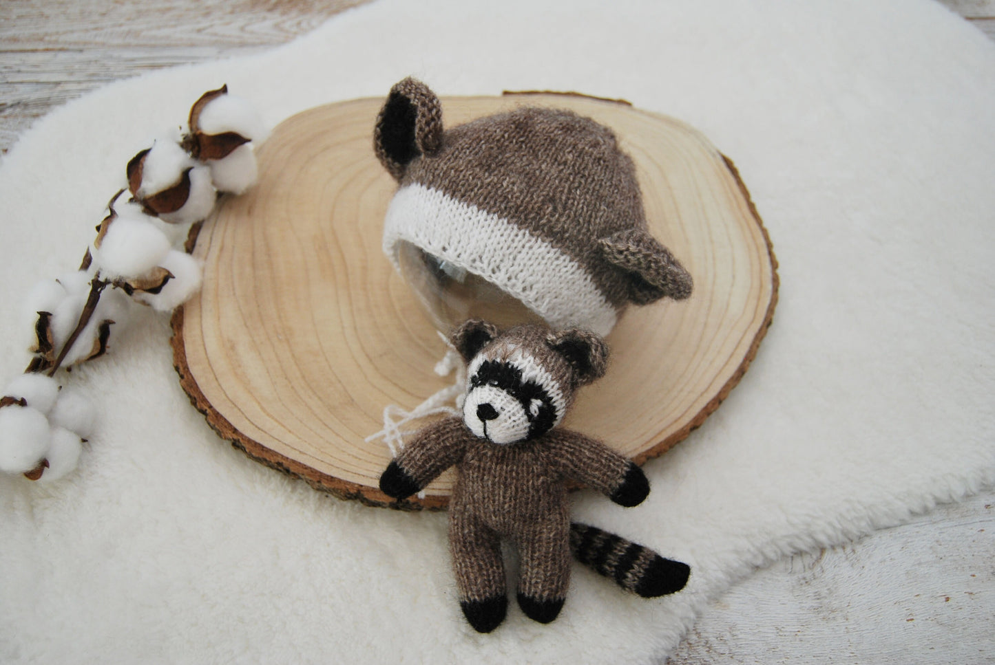 Newborn Photo Prop Set, Raccoon Toy, Newborn Bonnet, Newborn Cuddle Toy, Photography Set, Knitted Newborn Props