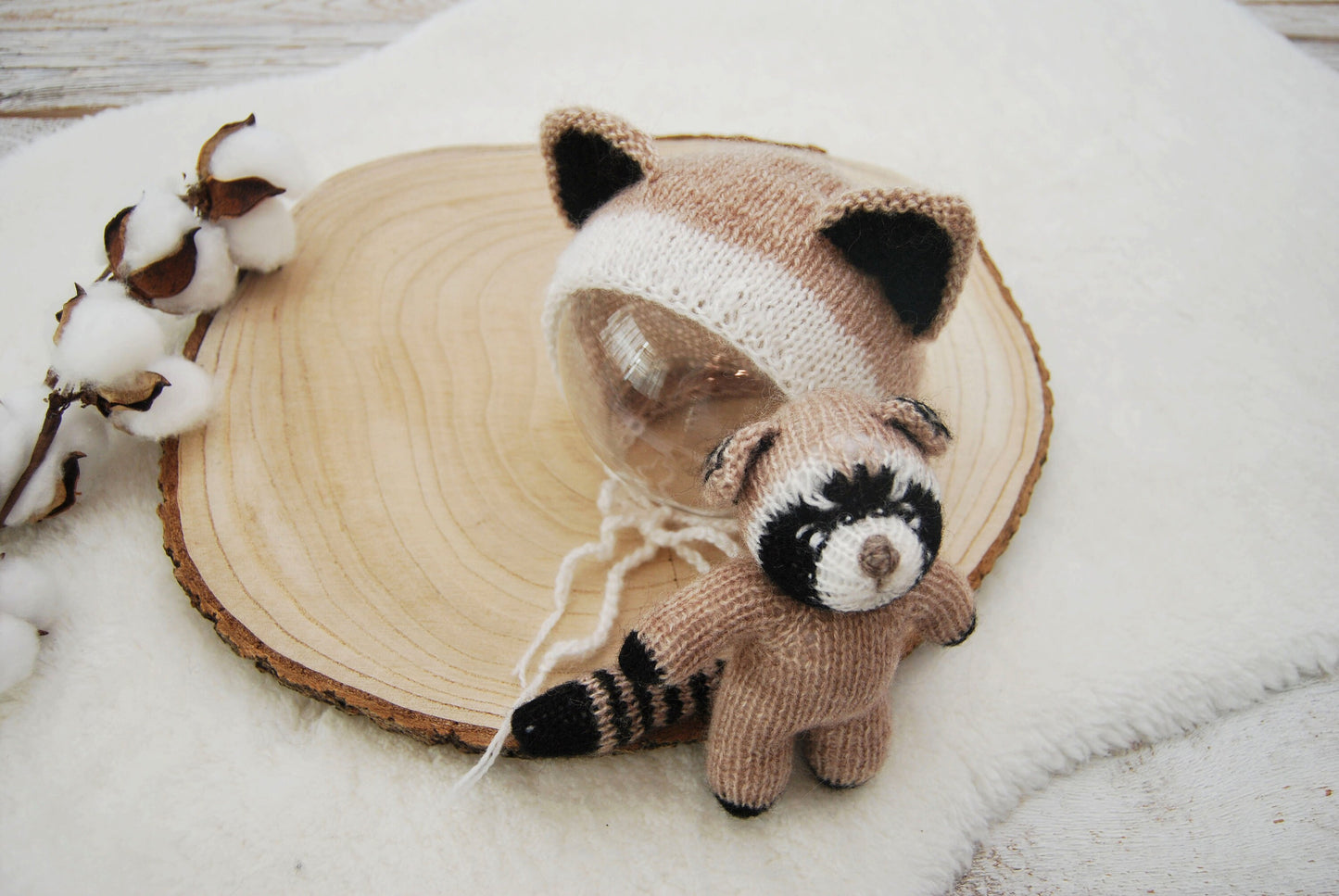 Newborn Photo Prop Set, Raccoon Toy, Newborn Bonnet, Newborn Cuddle Toy, Photography Set, Knitted Newborn Props