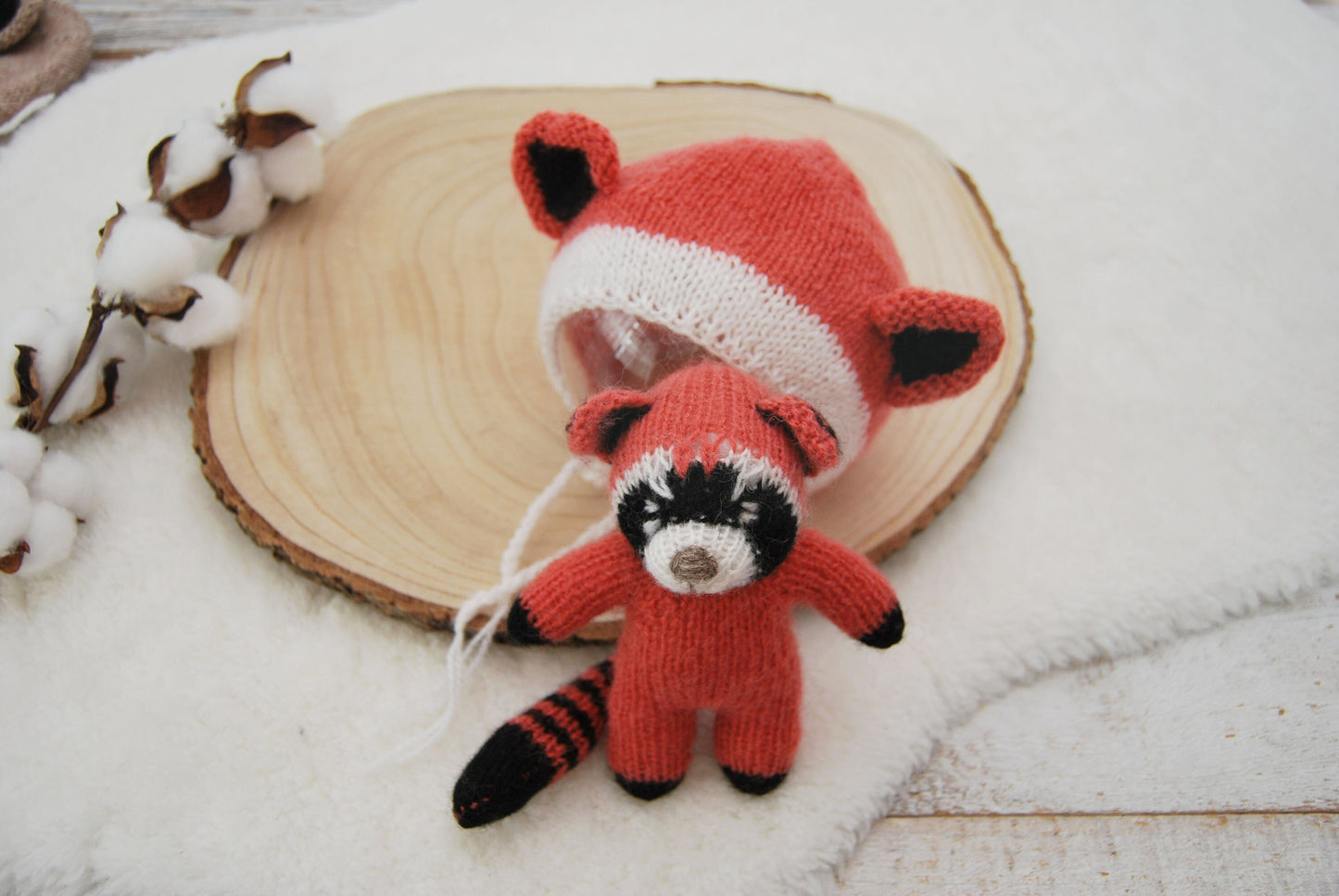 Newborn Photo Prop Set, Raccoon Toy, Newborn Bonnet, Newborn Cuddle Toy, Photography Set, Knitted Newborn Props