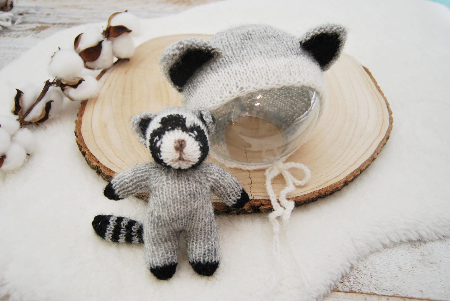 Newborn Photo Prop Set, Raccoon Toy, Newborn Bonnet, Newborn Cuddle Toy, Photography Set, Knitted Newborn Props