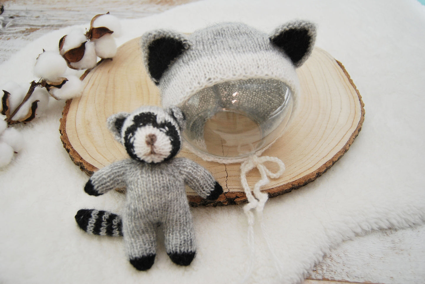 Newborn Photo Prop Set, Raccoon Toy, Newborn Bonnet, Newborn Cuddle Toy, Photography Set, Knitted Newborn Props