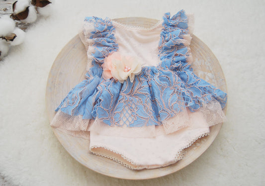 Newborn Romper, Newborn Photo Prop Dress, Lace Romper Baby Girl, Blue Pink Baby Girl Photo Outfit, Photography Props, Baby Photo Prop