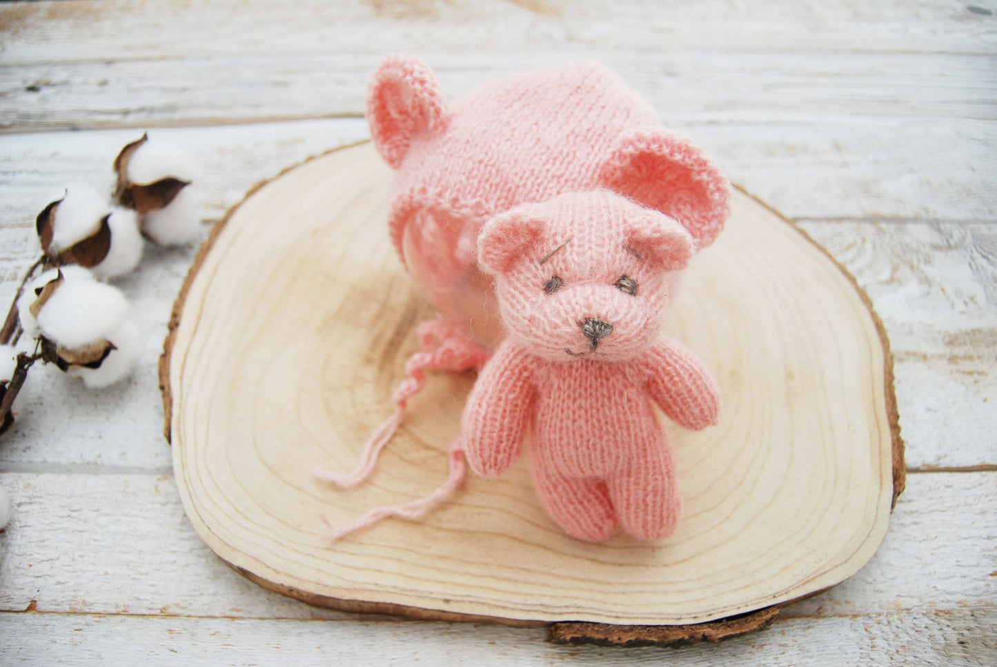 Knit Newborn Bonnet, Teddy Bear Toy, Newborn Photography Set, Knitted Teddy Bear Photo Prop, Newborn Knit Bonnet Photo Props