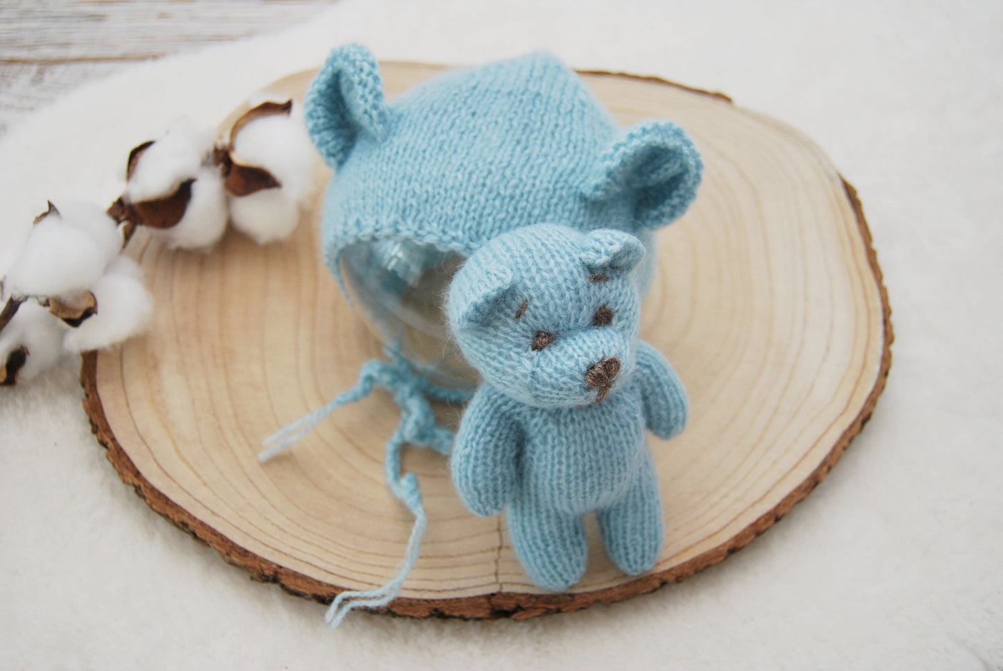 Knit Newborn Bonnet, Teddy Bear Toy, Newborn Photography Set, Knitted Teddy Bear Photo Prop, Newborn Knit Bonnet Photo Props