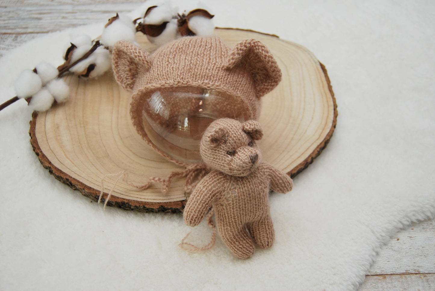 Knit Newborn Bonnet, Teddy Bear Toy, Newborn Photography Set, Knitted Teddy Bear Photo Prop, Newborn Knit Bonnet Photo Props