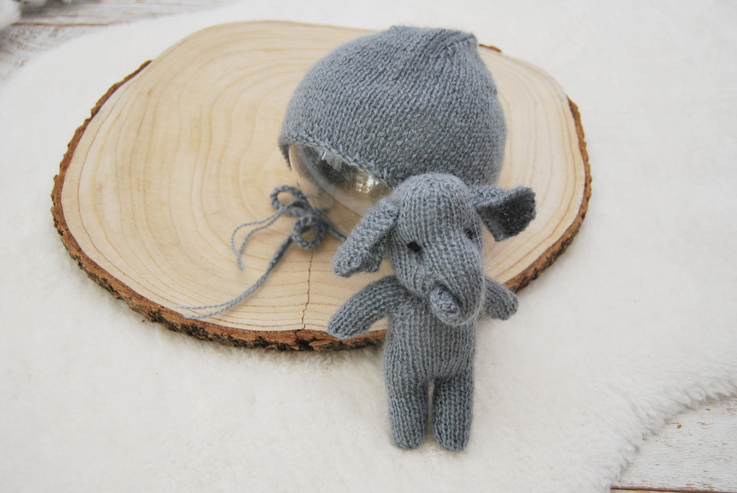 Knitted Toy Newborn Photo Prop - CHOOSE COLOR, Elephant Toy & Bonnet, Knit Newborn Props, Newborn Cuddle Toy, Photography Props