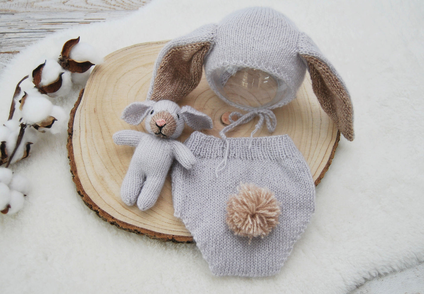 3 Pieces Photography SET: Bunny Toy, Newborn Bonnet, Newborn Panties; Newborn Photo Props, Knitted Bunny Outfit for Newborn