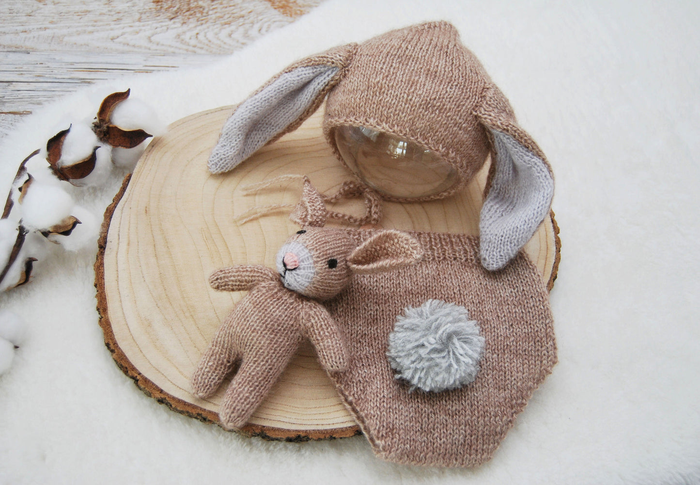 3 Pieces Photography SET: Bunny Toy, Newborn Bonnet, Newborn Panties; Newborn Photo Props, Knitted Bunny Outfit for Newborn