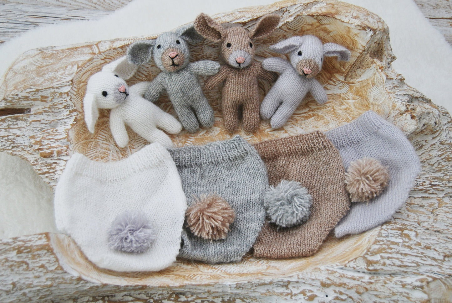 3 Pieces Photography SET: Bunny Toy, Newborn Bonnet, Newborn Panties; Newborn Photo Props, Knitted Bunny Outfit for Newborn