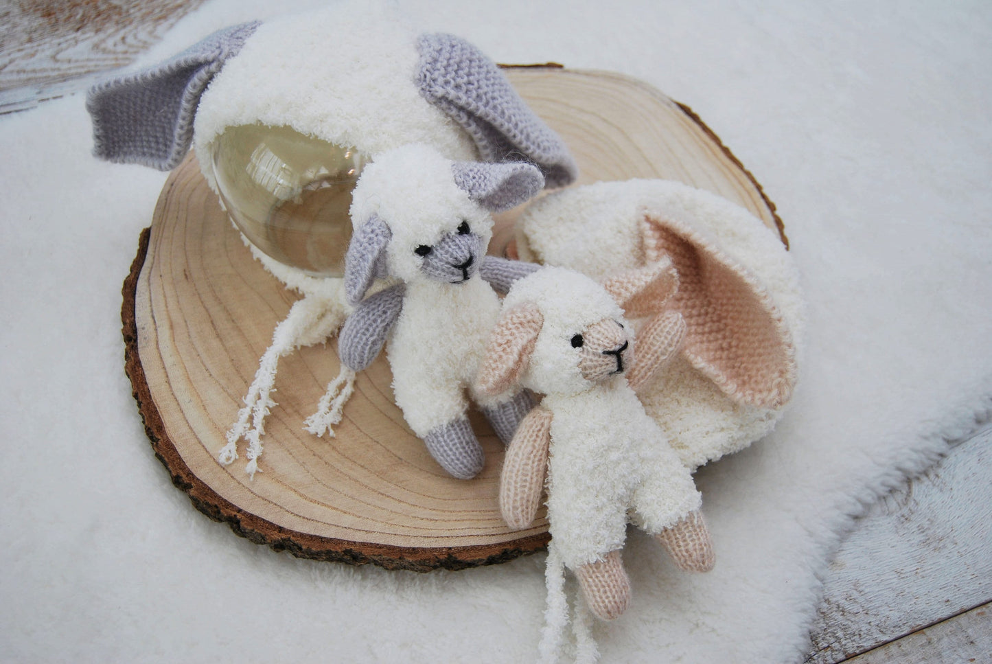 Photography SET: Cuddle Toy and Newborn Bonnet - SHEEP, Newborn Photo Props, Little Knitted Toy, Baby Bonnet with Ears, Photography Prop