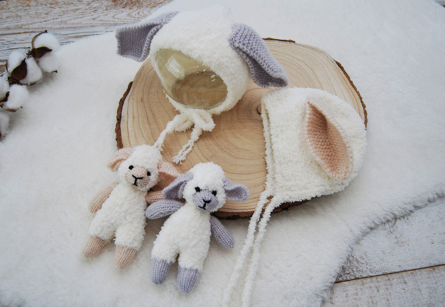 Photography SET: Cuddle Toy and Newborn Bonnet - SHEEP, Newborn Photo Props, Little Knitted Toy, Baby Bonnet with Ears, Photography Prop