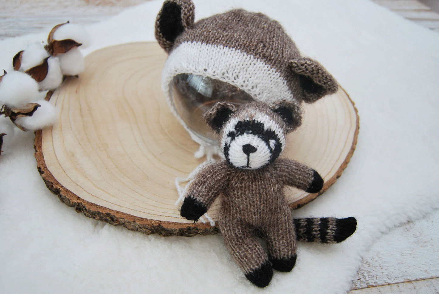 Newborn Photo Prop Set, Raccoon Toy, Newborn Bonnet, Newborn Cuddle Toy, Photography Set, Knitted Newborn Props