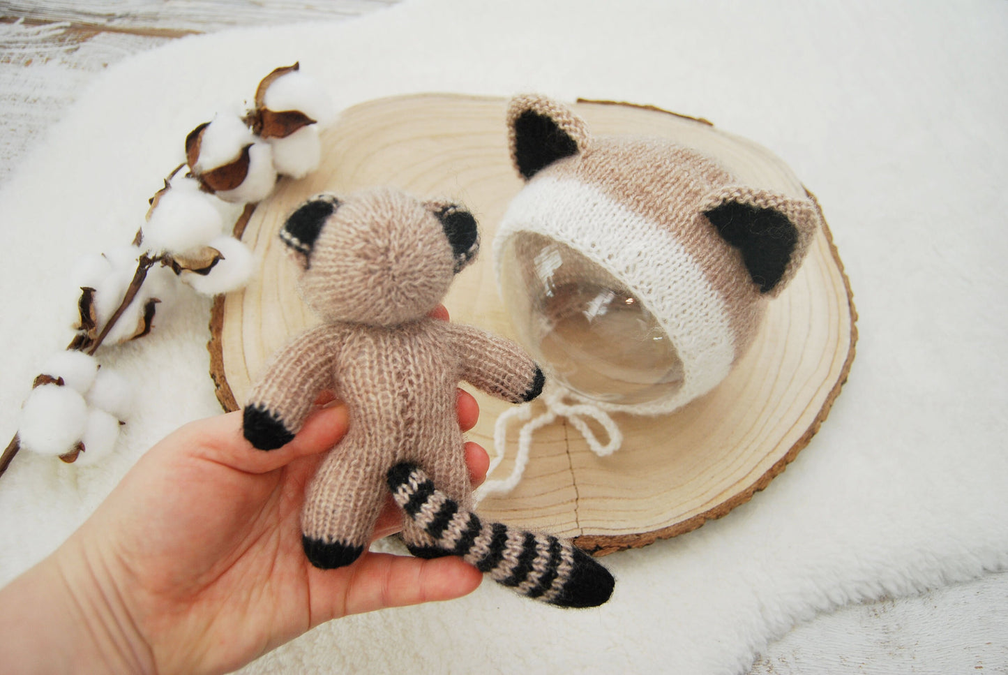 Newborn Photo Prop Set, Raccoon Toy, Newborn Bonnet, Newborn Cuddle Toy, Photography Set, Knitted Newborn Props