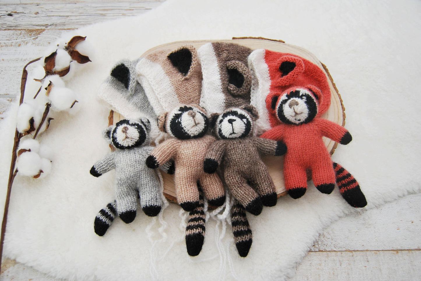 Newborn Photo Prop Set, Raccoon Toy, Newborn Bonnet, Newborn Cuddle Toy, Photography Set, Knitted Newborn Props