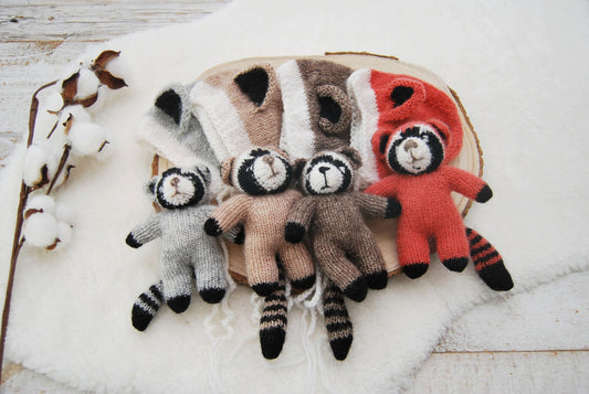 Newborn Photo Prop Set, Raccoon Toy, Newborn Bonnet, Newborn Cuddle Toy, Photography Set, Knitted Newborn Props