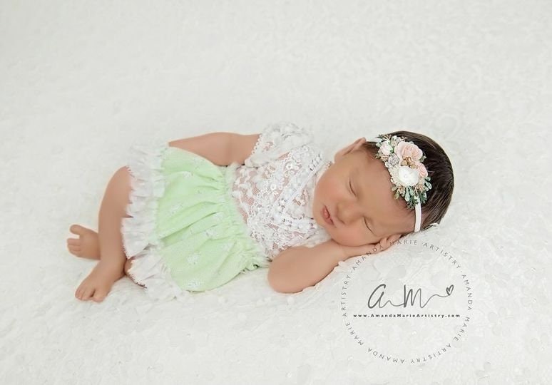 Newborn Romper Baby Girl, Spring Photo Outfit, Green Baby Dress, Ruffled Romper for Photo Shoots, Newborn Girl Photo Outfit