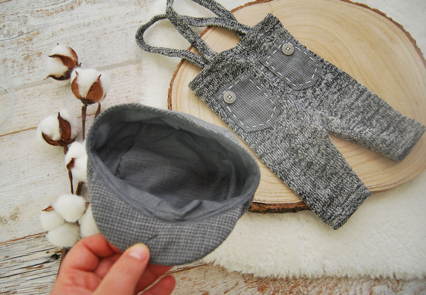 Newborn boy props, Newborn cap, Newborn pants, Gray outfit newborn boy, Photography props, Newsboy hat