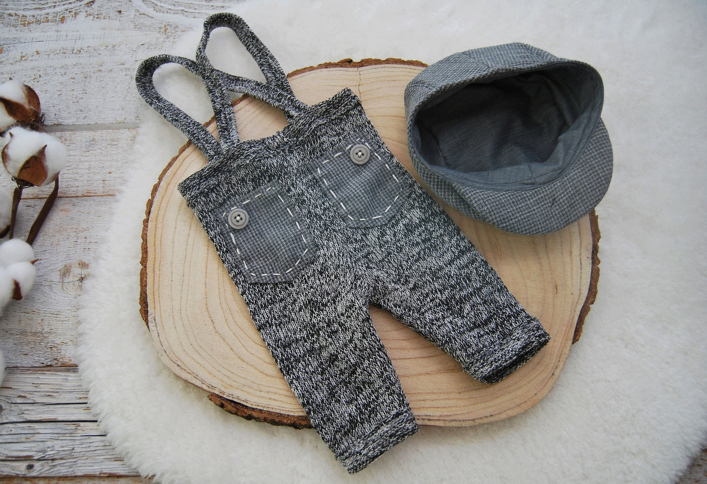 Newborn boy props, Newborn cap, Newborn pants, Gray outfit newborn boy, Photography props, Newsboy hat