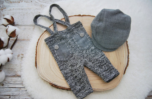 Newborn boy props, Newborn cap, Newborn pants, Gray outfit newborn boy, Photography props, Newsboy hat