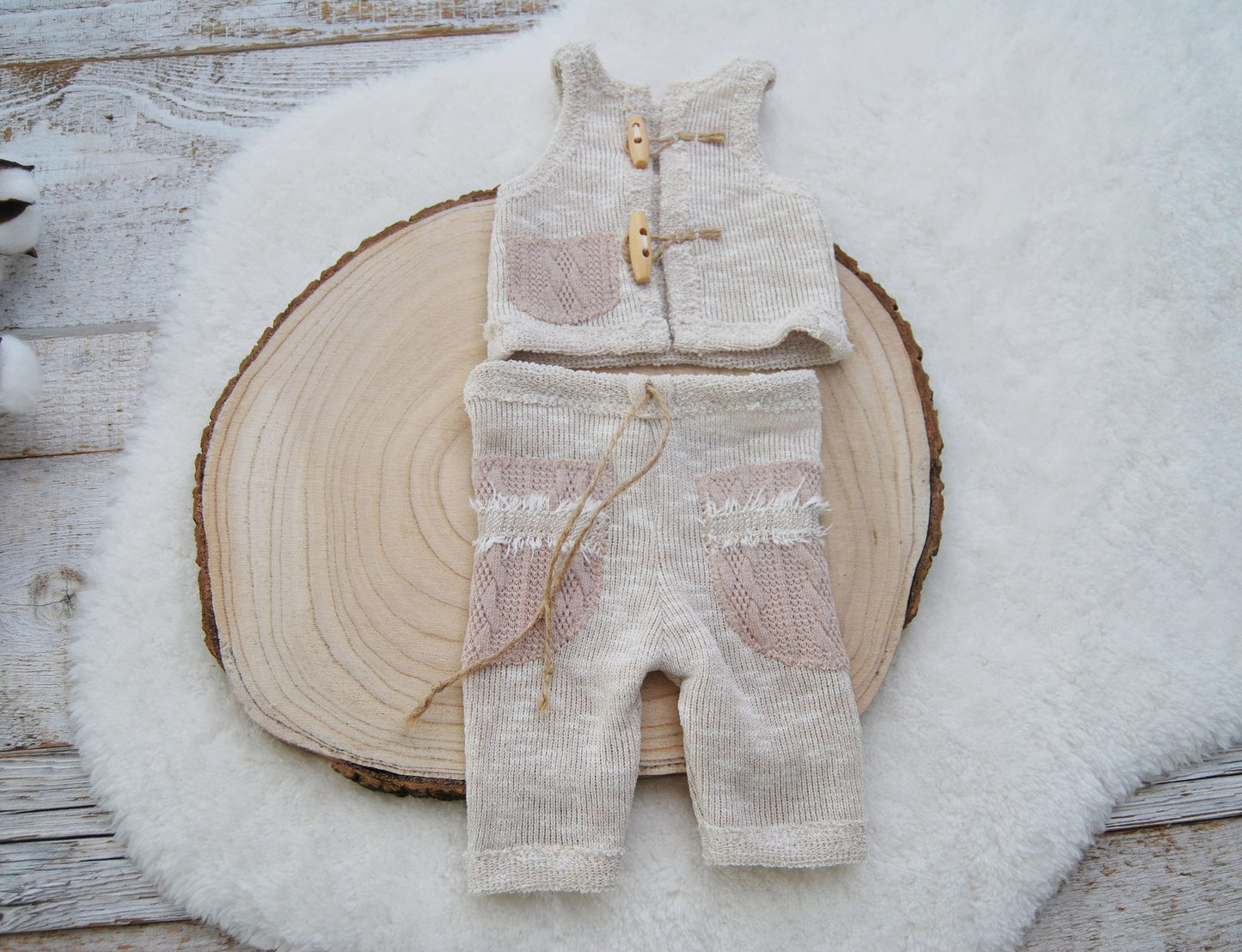 Beige newborn boy outfit for photoshoot, Baby photo prop set, Newborn photography outfit for boys, Boho baby boy outfit: vest and pants