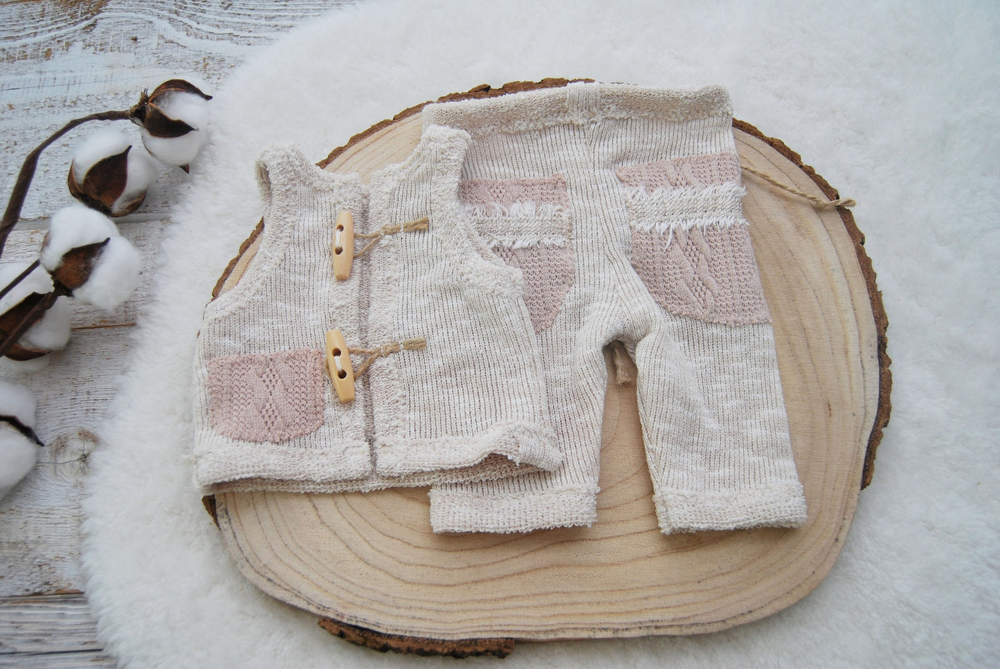 Beige newborn boy outfit for photoshoot, Baby photo prop set, Newborn photography outfit for boys, Boho baby boy outfit: vest and pants