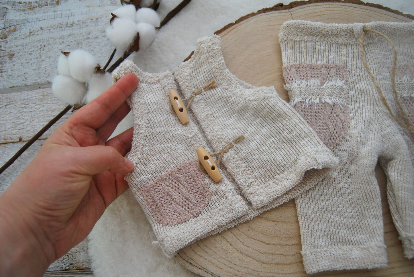 Beige newborn boy outfit for photoshoot, Baby photo prop set, Newborn photography outfit for boys, Boho baby boy outfit: vest and pants