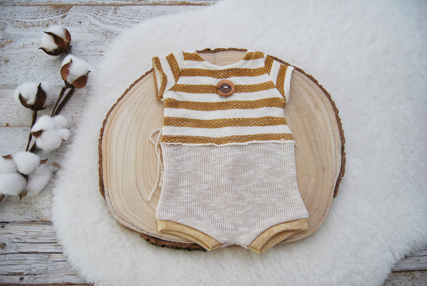 Boho baby boy romper with stripes. Mustard yellow color and beige, offer a beautiful combination for neutral themed photo shoots.