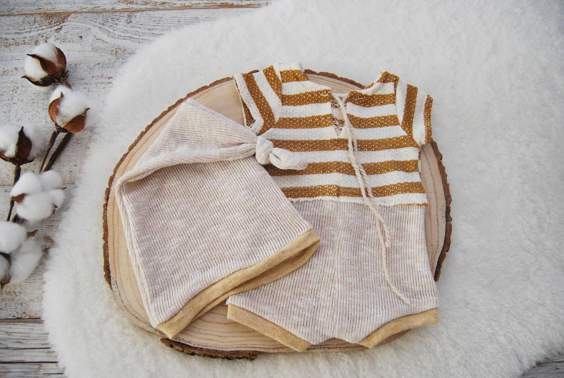 Newborn boy overall with stripes. Newborn hat with knot for photo shoots. Beige color mixed with striped mustard fabric.