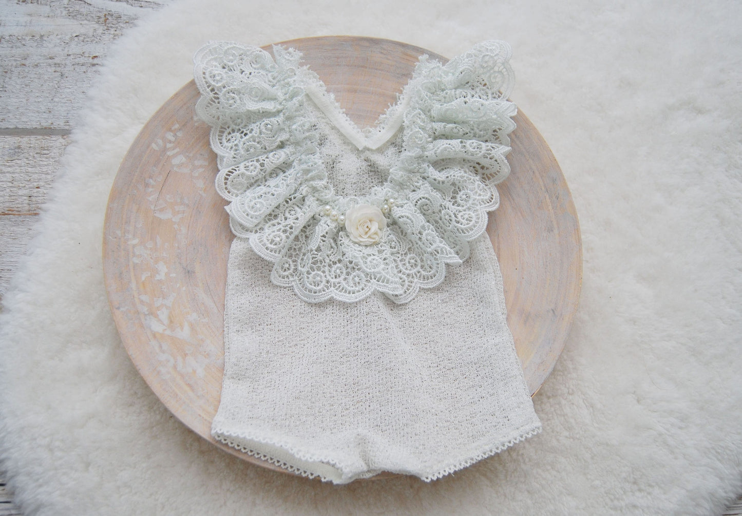 Newborn girl lace romper with ruffles, Newborn photo prop outfit for baby girls, Silvery grey ruffled newborn girl photo outfit