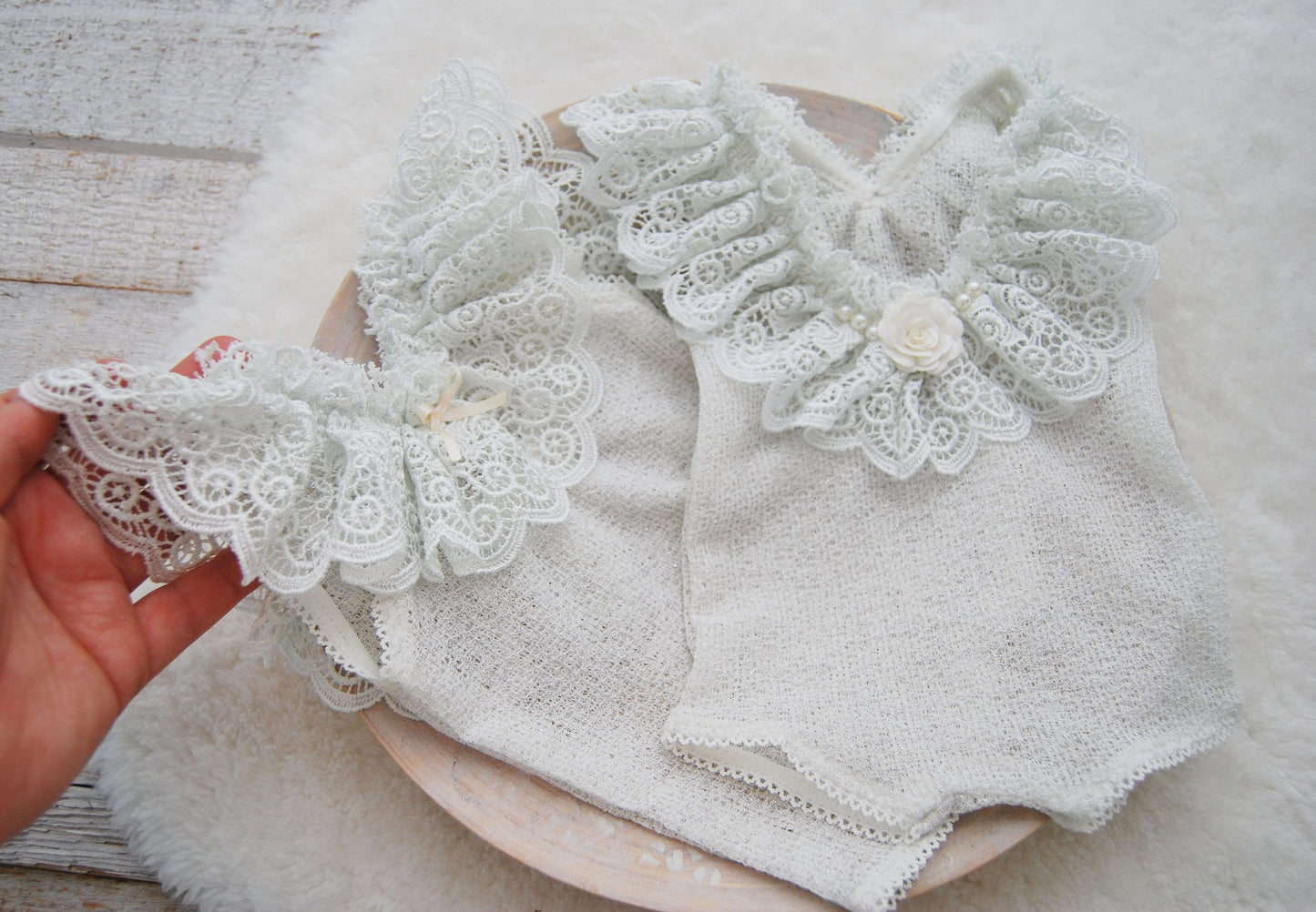 Newborn girl lace romper with ruffles, Newborn photo prop outfit for baby girls, Silvery grey ruffled newborn girl photo outfit