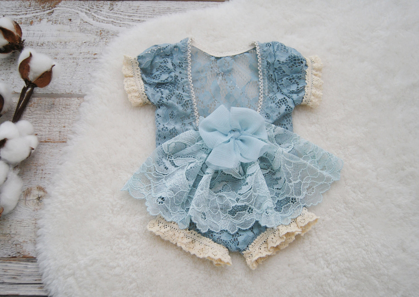 Blue newborn romper, Lace baby girl photo outfit, Newborn photography prop dress, Newborn girl outfit with train and bow, Photography outfit