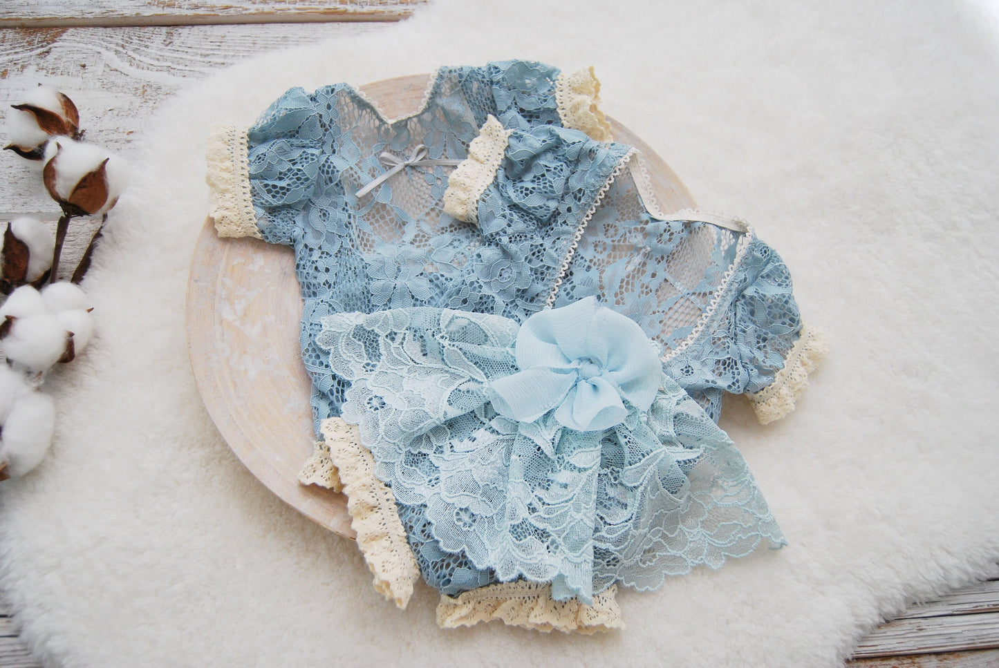 Blue newborn romper, Lace baby girl photo outfit, Newborn photography prop dress, Newborn girl outfit with train and bow, Photography outfit