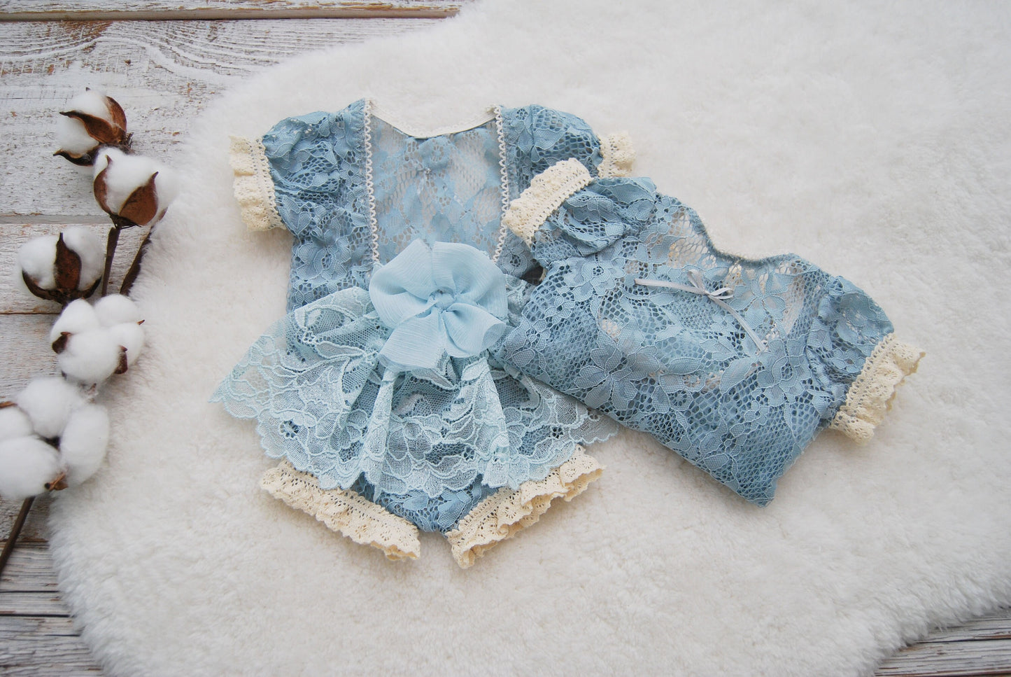 Blue newborn romper, Lace baby girl photo outfit, Newborn photography prop dress, Newborn girl outfit with train and bow, Photography outfit