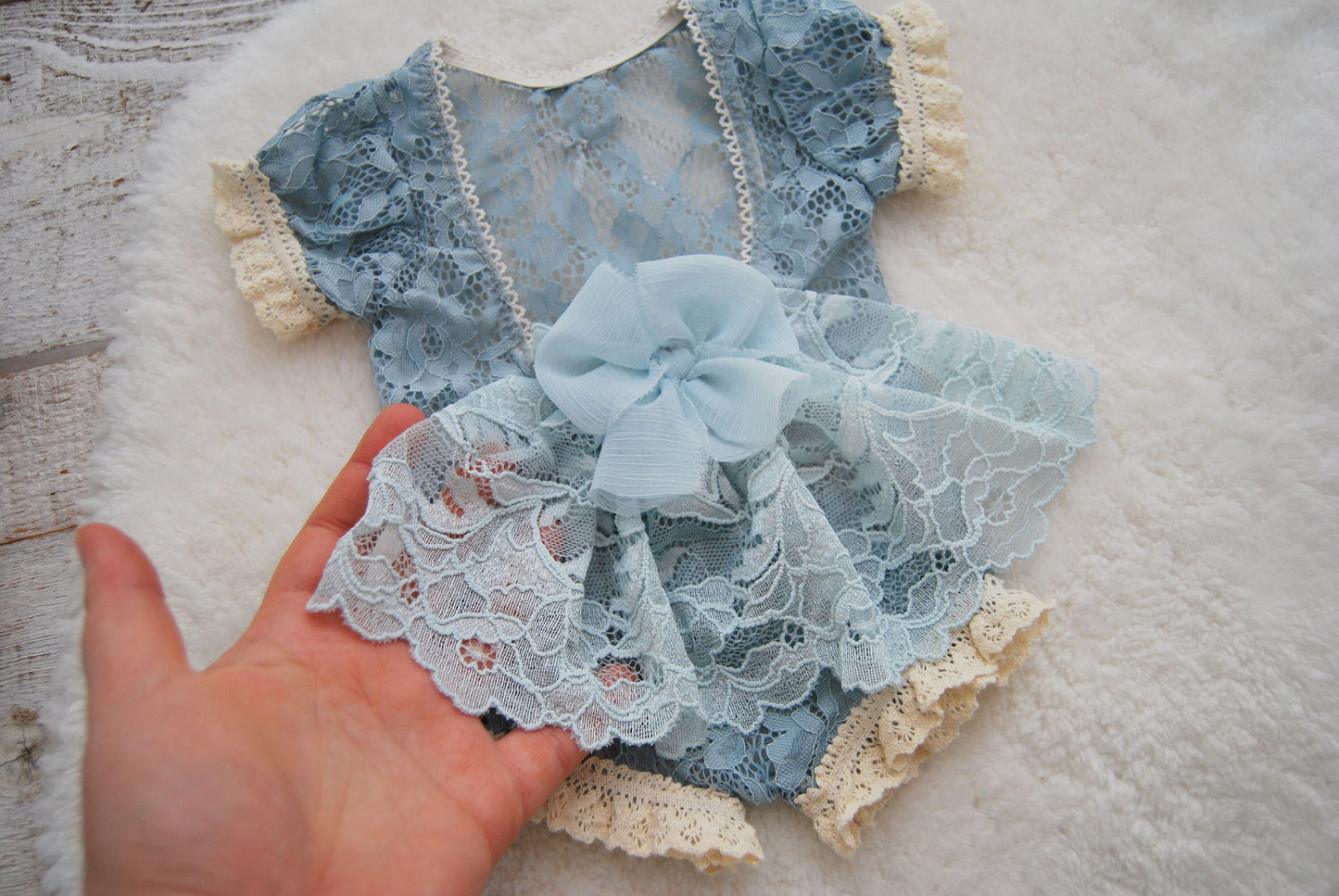 Blue newborn romper, Lace baby girl photo outfit, Newborn photography prop dress, Newborn girl outfit with train and bow, Photography outfit