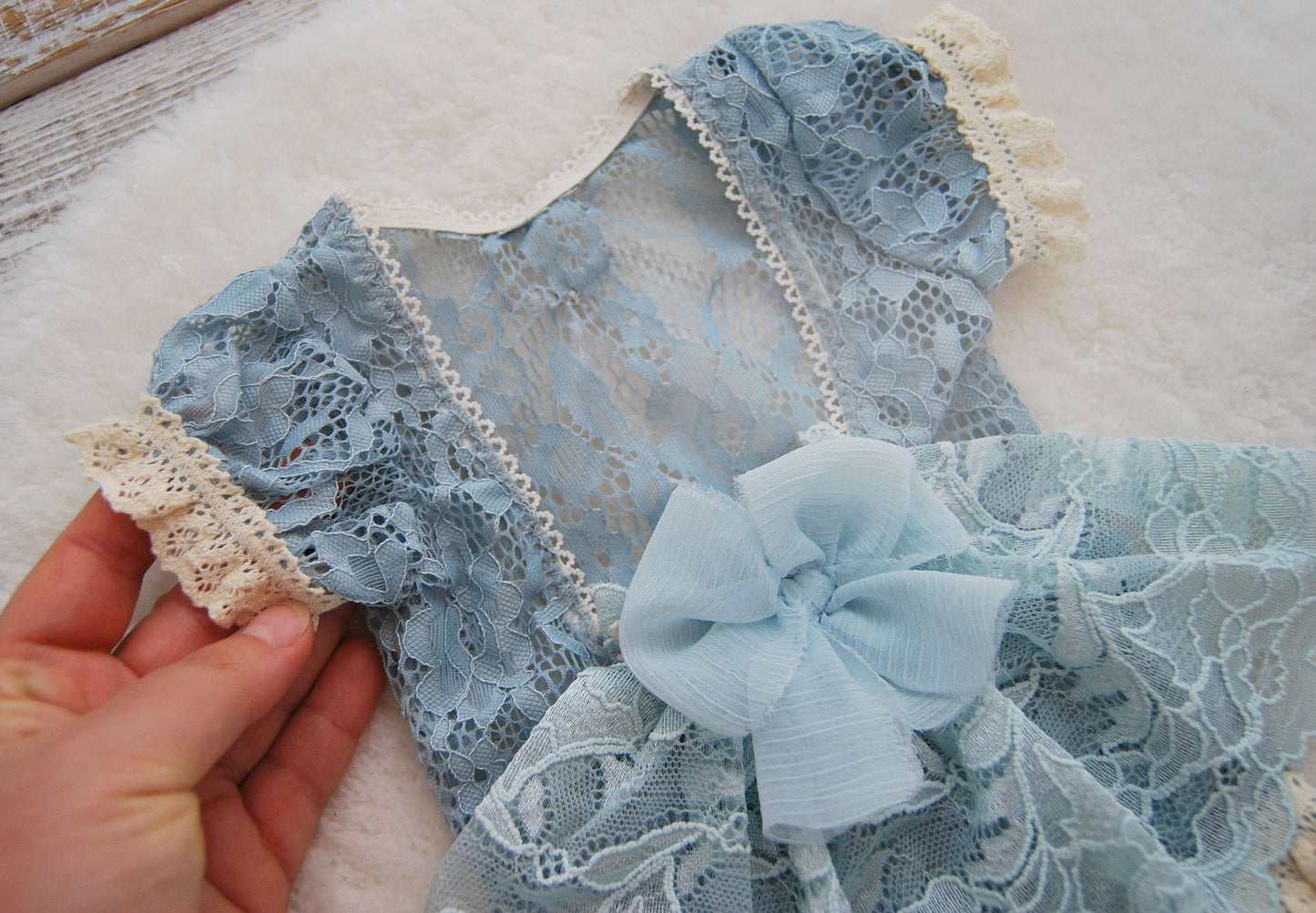 Blue newborn romper, Lace baby girl photo outfit, Newborn photography prop dress, Newborn girl outfit with train and bow, Photography outfit