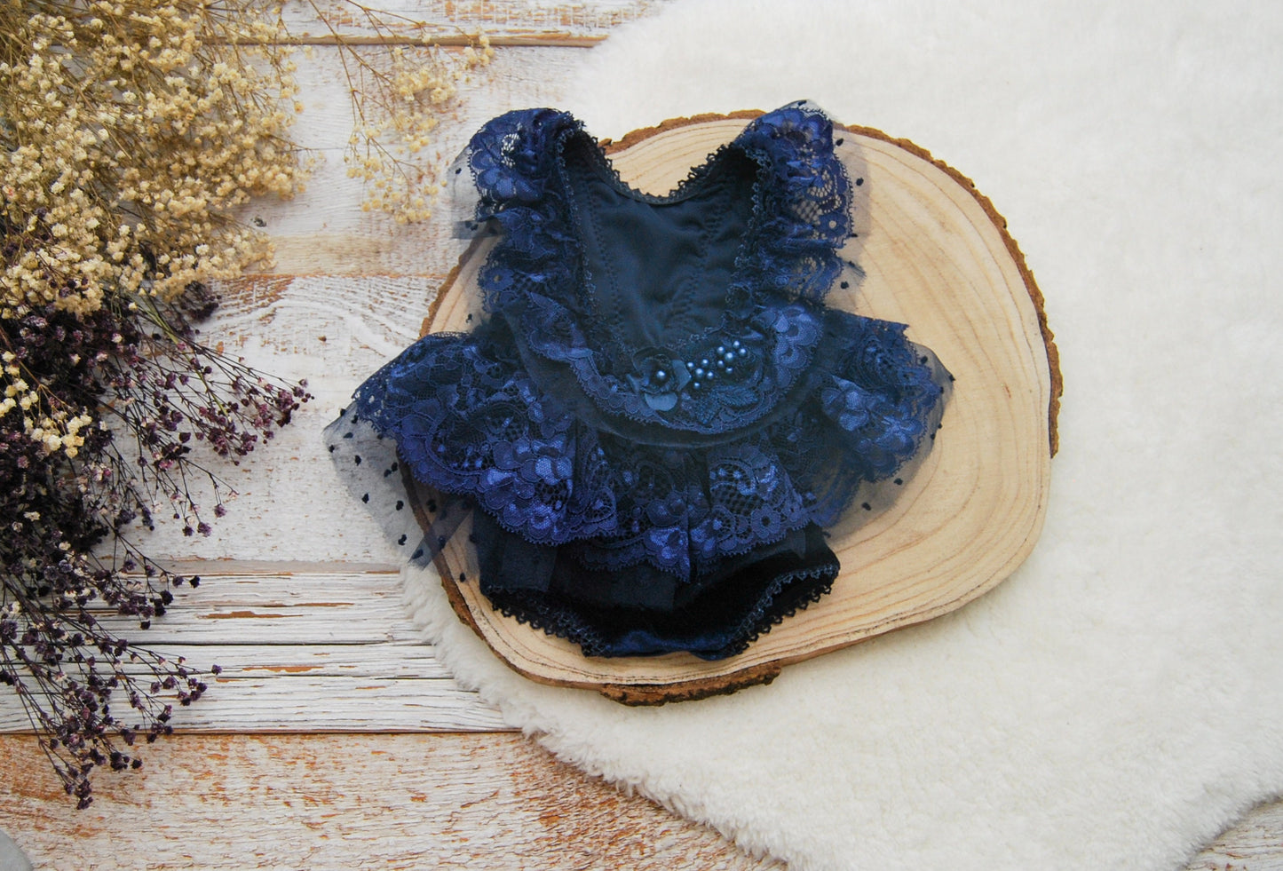 Newborn romper, Dark blue newborn photo outfit for girls, Lace romper baby girl, Ruffled romper girl, Baby Photo Props