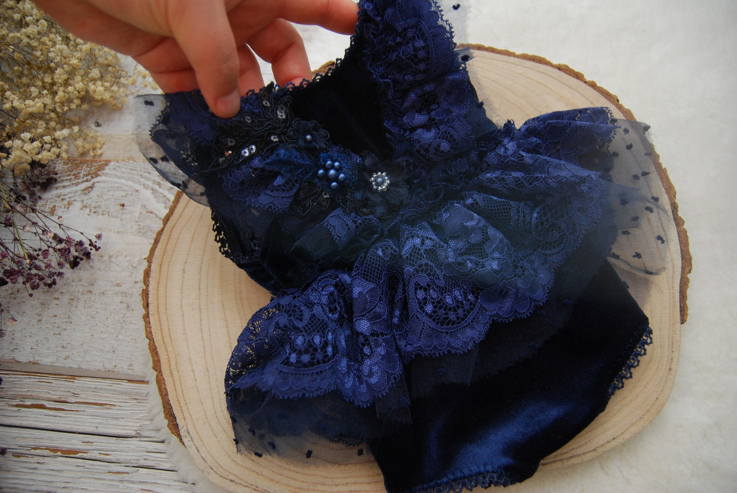 Newborn romper, Dark blue newborn photo outfit for girls, Lace romper baby girl, Ruffled romper girl, Baby Photo Props