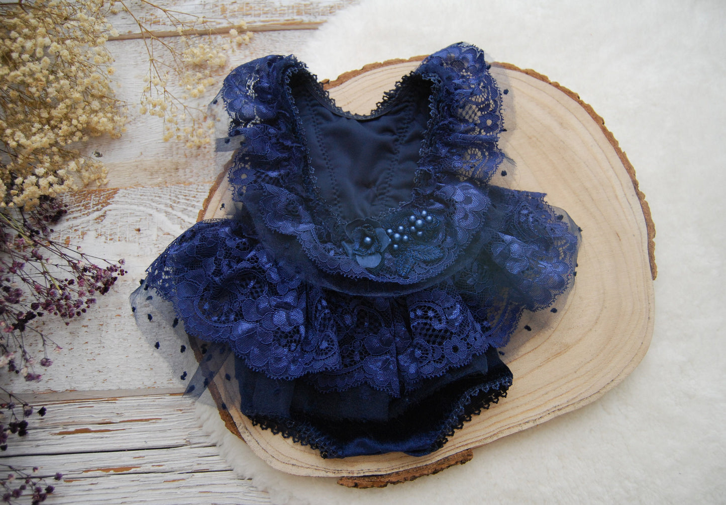 Newborn romper, Dark blue newborn photo outfit for girls, Lace romper baby girl, Ruffled romper girl, Baby Photo Props