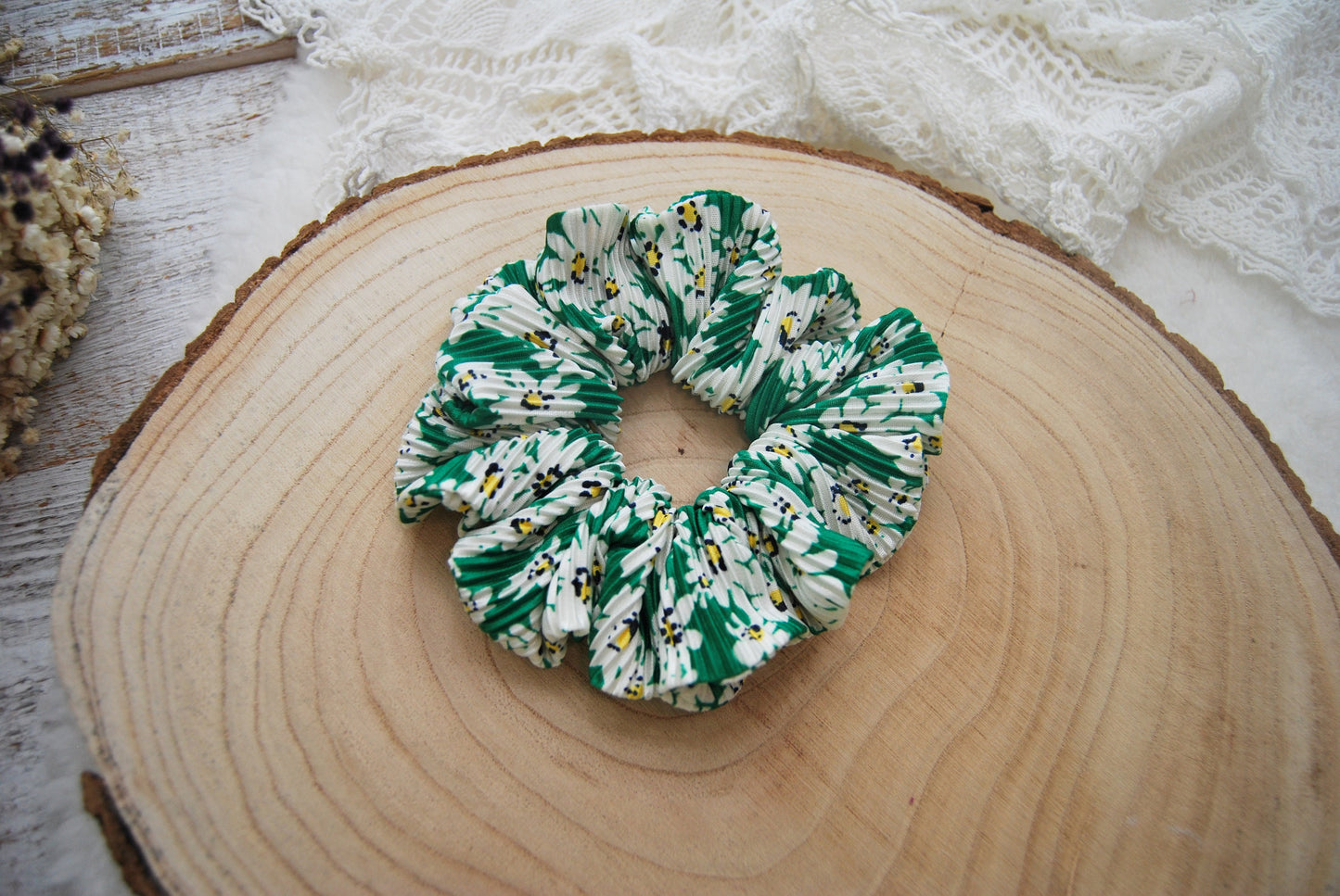 Silky woman scrunchie, Green floral scrunchies, Big fluffy scrunchie for hair, Hair accessory for long hair, Gift for her