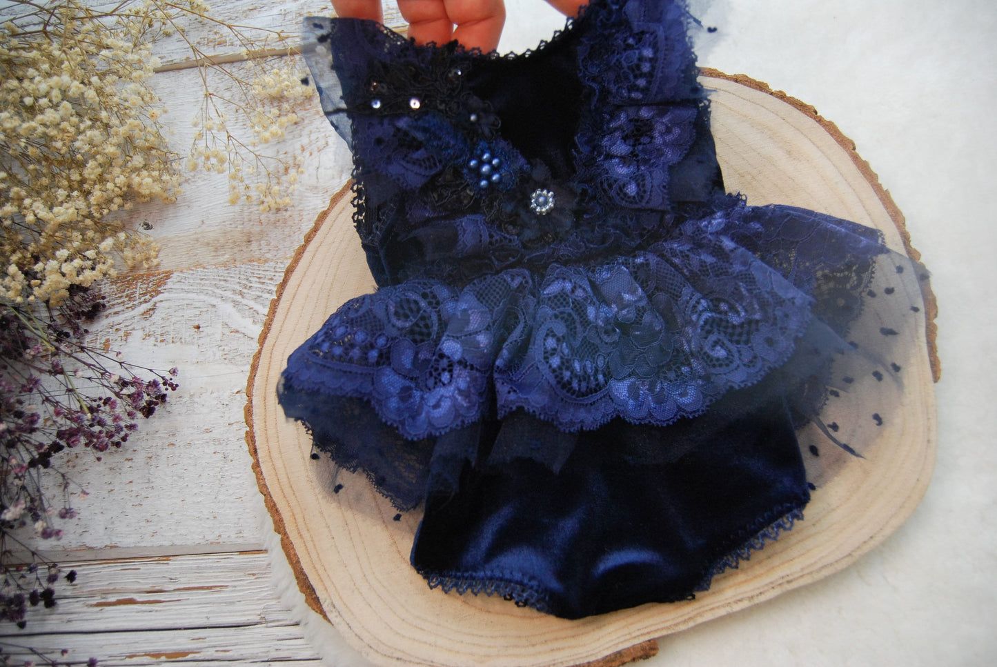 Newborn romper, Dark blue newborn photo outfit for girls, Lace romper baby girl, Ruffled romper girl, Baby Photo Props