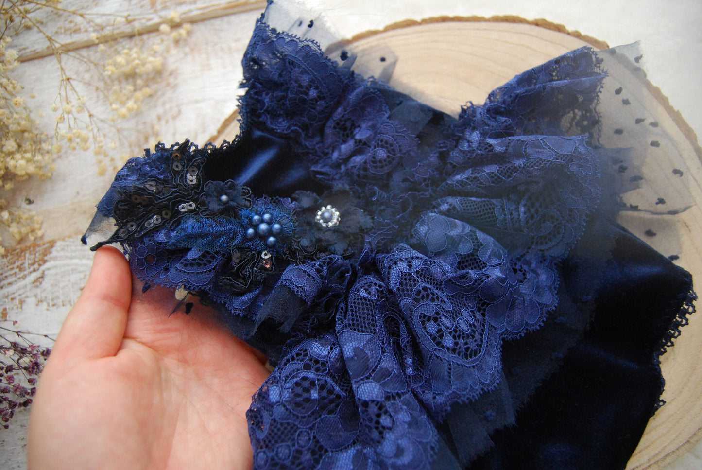 Newborn romper, Dark blue newborn photo outfit for girls, Lace romper baby girl, Ruffled romper girl, Baby Photo Props