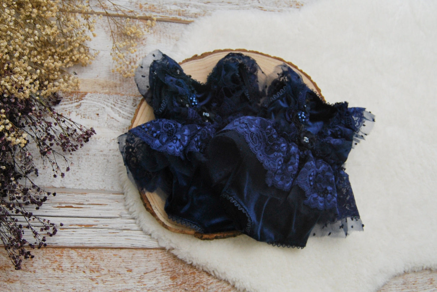 Newborn romper, Dark blue newborn photo outfit for girls, Lace romper baby girl, Ruffled romper girl, Baby Photo Props