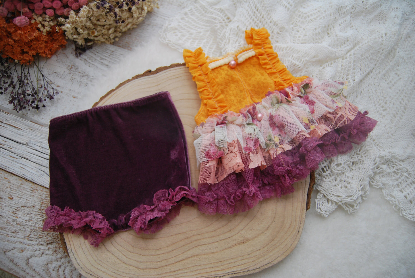 Newborn photography set, Newborn girl outfit, Newborn photo props, Purple and Orange Baby Outfit, Newborn romper, Newborn Bonnet