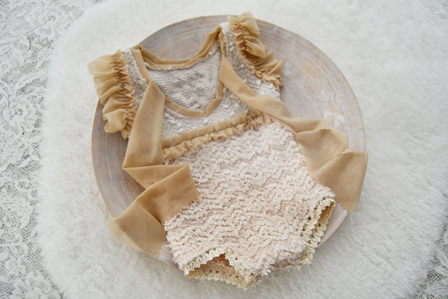 Beige newborn girl photo outfit, Newborn romper, Braided newborn headband, Newborn photo props, Baby girl photography props