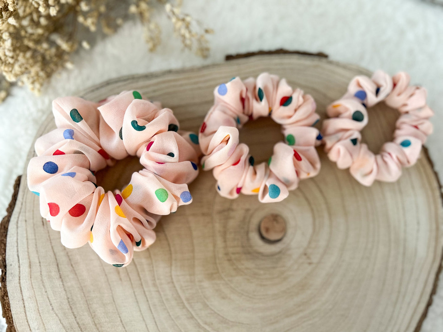 Girl Scrunchie, Pink chiffon scrunchie, Polka Dot Scrunchie, Fluffy Hair Tie, Gift for Her